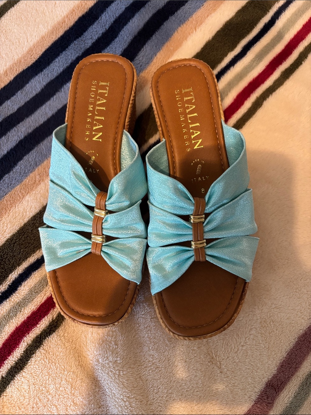 Italian Shoemakers Aqua Bow Slide Mules never worn